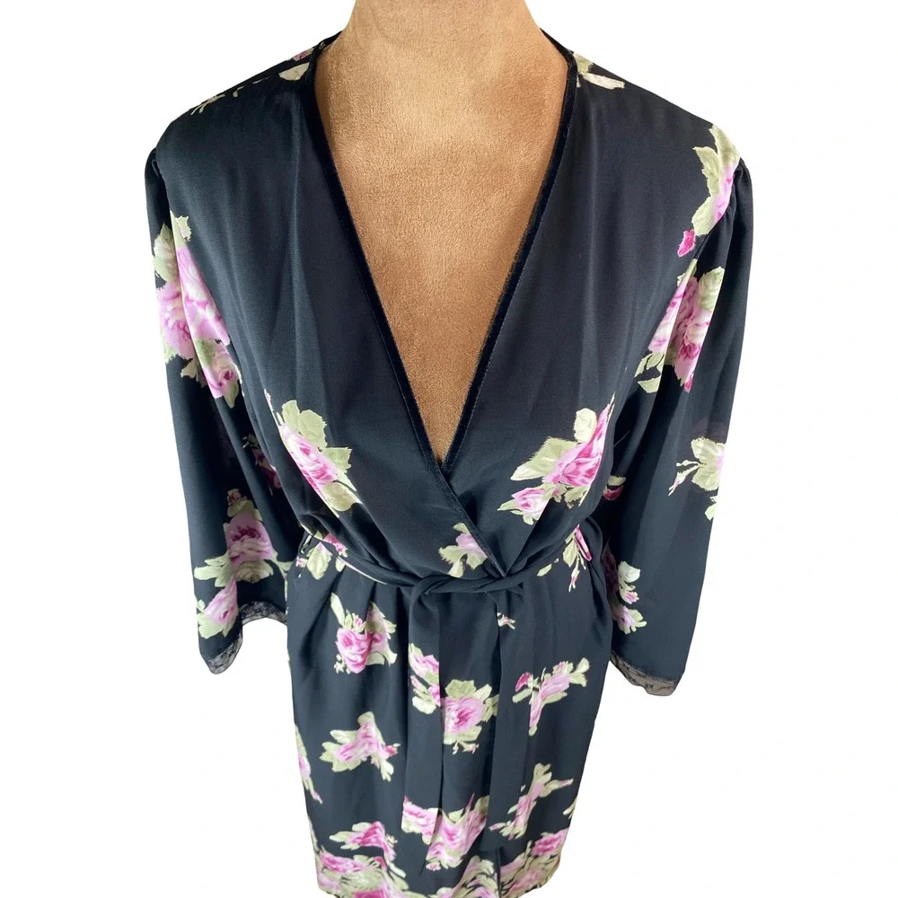 Vintage Oscar de la Renta Pink Label Floral Wrap Robe Rose Chiffon Lace Maxi M